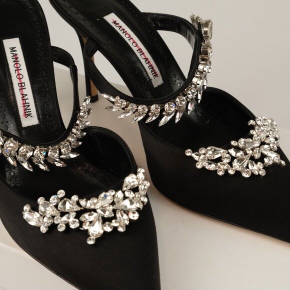 Manolo Blahnik Lurum 90 Crystal Embellished Mules, Black Satin, EU 39.5/US 9.5 - Picture 7 of 7